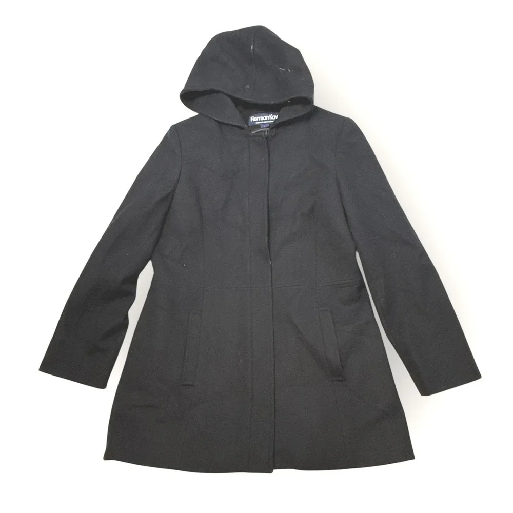 Herman Kay Black Wool Blend Hooded Coat‎ Women's Size L